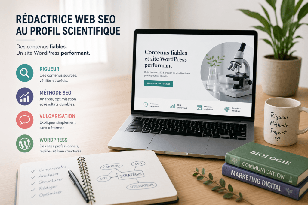 Rédactrice web SEO au profil scientifique : des contenus fiables et un site WordPress performant.